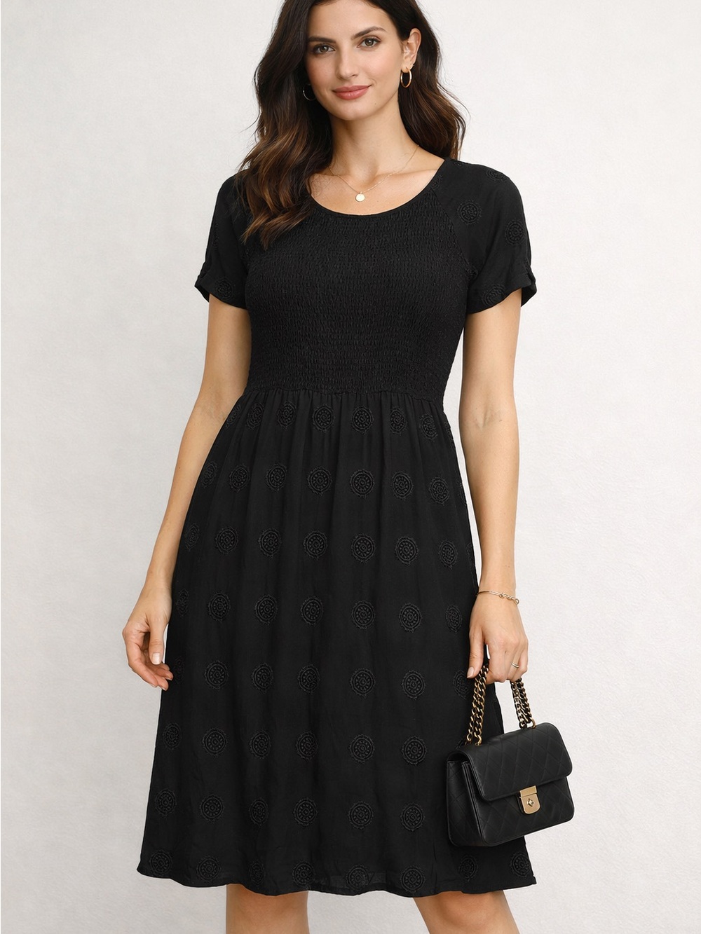 J. Jill Black Short-Sleeve Smocked Waist Embroidered Midi Dress size XS